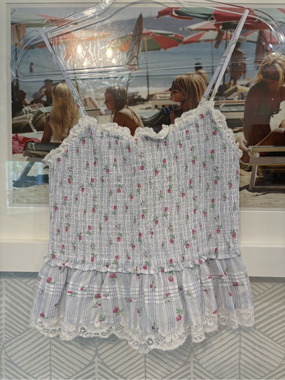 LoveShackFancy White Smocked Floral Ruffle Camisole with Pink Accents